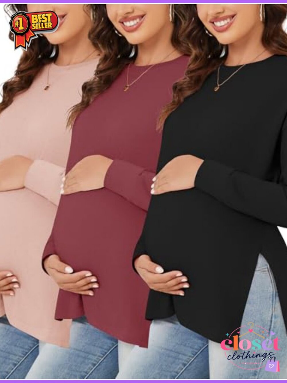 Maternity Long Sleeve T-Shirts 3 Pack Cotton Spandex Side Ruched Pregnancy Tops